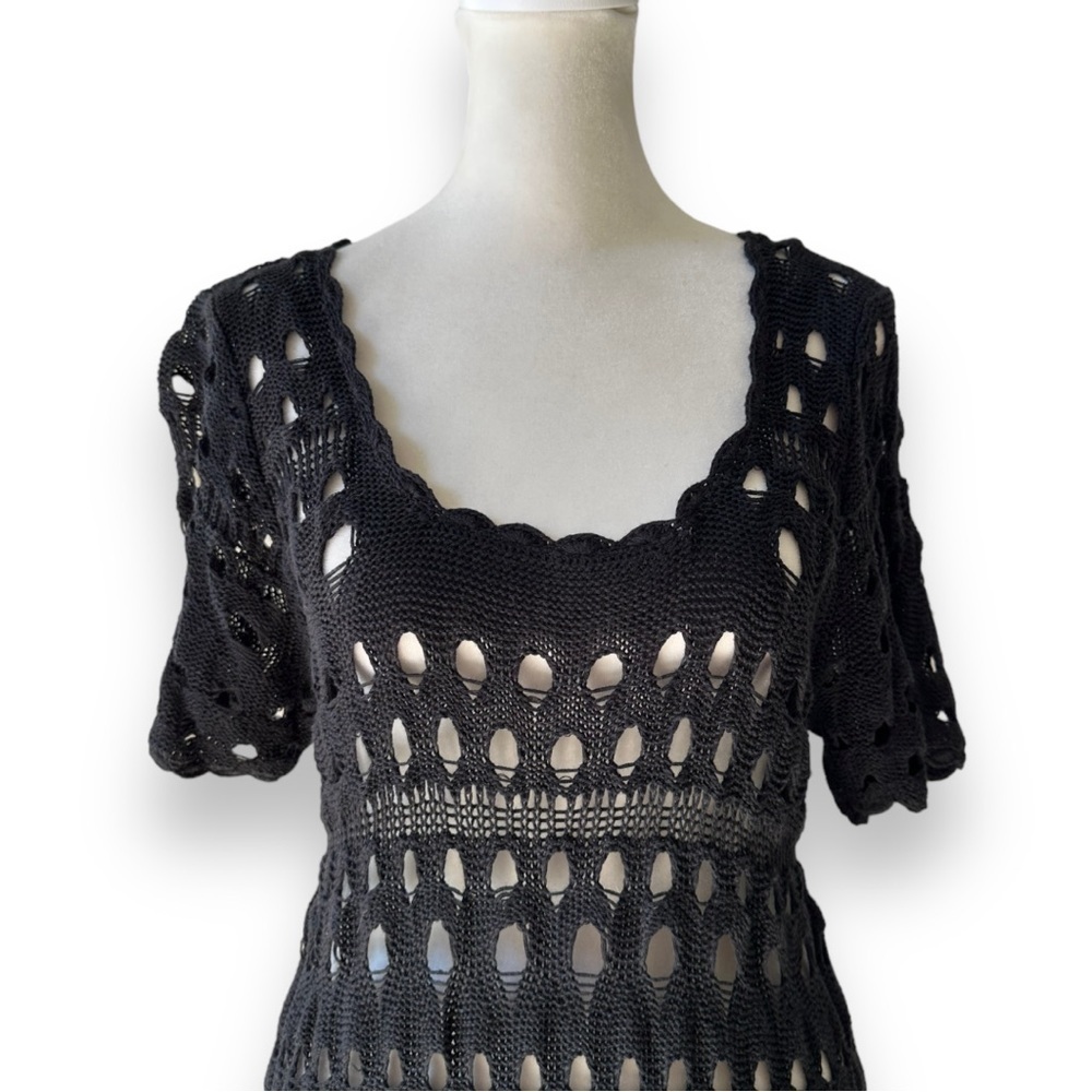 New Kial Black Crochet Knit Short Sleeve Midi Dress or Swim Cover | Large - Picture 3 of 12